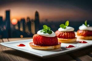 three small desserts on a white plate with a city view. AI-Generated photo