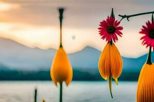 three flowers hanging from a branch near a lake. AI-Generated photo