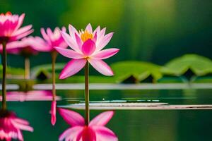 rosado loto flores en agua con verde hojas. generado por ai foto