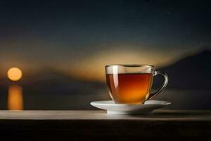 a cup of tea sits on a table with a view of the ocean. AI-Generated photo