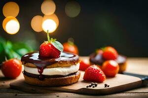 a strawberry and chocolate dessert on a wooden board. AI-Generated photo