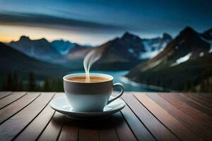 a cup of coffee on a wooden table in front of a mountain view. AI-Generated photo