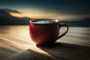 a coffee cup on a wooden table. AI-Generated photo