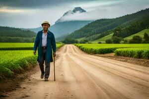 an old man walking down a dirt road in a field. AI-Generated photo