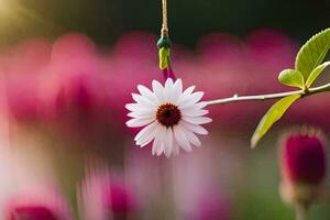 a single flower hanging from a string in a field. AI-Generated photo