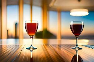 two glasses of wine on a table in front of a city skyline. AI-Generated photo