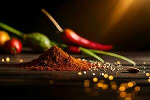 spices and chili peppers on a wooden table. AI-Generated photo