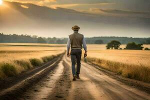 a man walking down a dirt road in the middle of a field. AI-Generated photo