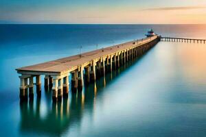 un largo exposición foto de un muelle a puesta de sol. generado por ai