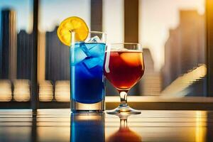 two drinks with blue and orange liquid on a table. AI-Generated photo