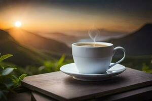 un taza de café en un de madera mesa en frente de un montaña vista. generado por ai foto