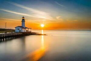 a lighthouse stands on the shore of a body of water at sunset. AI-Generated photo