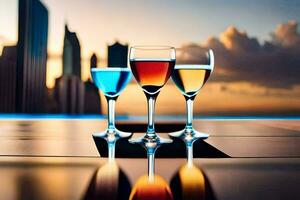 three glasses of wine on a table in front of a city skyline. AI-Generated photo