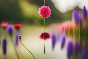 a flower is hanging from a string in front of a field. AI-Generated photo