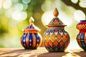 three colorful ceramic pots sitting on a wooden table. AI-Generated photo