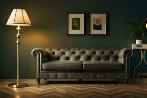 a living room with a couch, lamp and floor lamp. AI-Generated photo