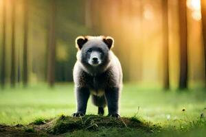 un oso es en pie en el medio de un bosque. generado por ai foto