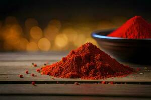 red powder in a bowl on a wooden table. AI-Generated photo