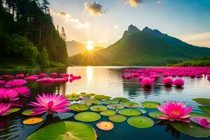 the sun rises over the lake with pink lotus flowers. AI-Generated photo