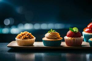 a row of cupcakes on a wooden tray. AI-Generated photo