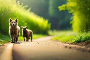 two dogs walking down a road in the middle of a field. AI-Generated photo