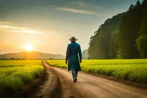 un hombre en un azul traje camina abajo un suciedad la carretera a puesta de sol. generado por ai foto