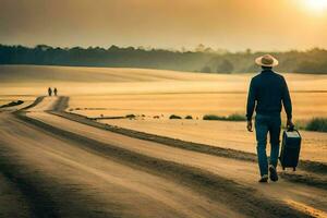 a man walking down a dirt road with a suitcase. AI-Generated photo