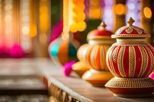 colorful vases on a table with colorful lights. AI-Generated photo