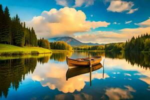 un barco en el lago con un montaña en el antecedentes. generado por ai foto