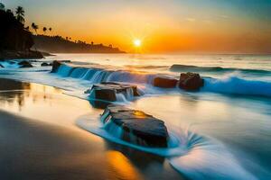 the sun rises over the ocean and waves crashing into the shore. AI-Generated photo