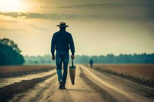 a man walking down a dirt road with an umbrella. AI-Generated photo