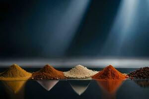 a row of spices on a black background. AI-Generated photo