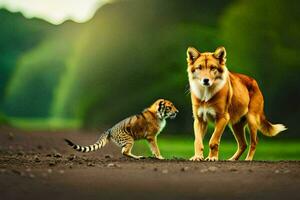 un Tigre y un perro caminando en un suciedad la carretera. generado por ai foto