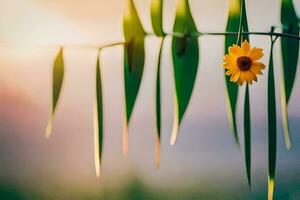 a single yellow flower is hanging from a branch. AI-Generated photo