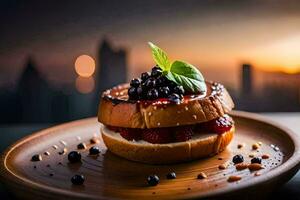 a sandwich with berries and nuts on a wooden plate. AI-Generated photo