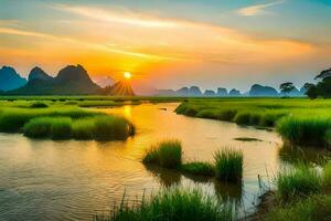 the sun rises over the li river in china. AI-Generated photo