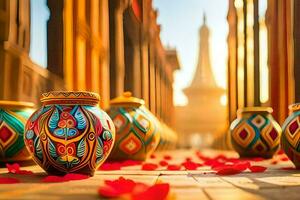 colorful vases are lined up on a walkway. AI-Generated photo