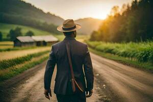 un hombre en un traje y sombrero camina abajo un suciedad la carretera. generado por ai foto