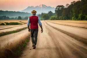 a man walking down a dirt road with mountains in the background. AI-Generated photo