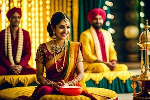 un hermosa indio novia sentado en un rojo almohadón. generado por ai foto