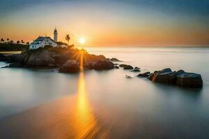 a lighthouse sits on the shore of a body of water. AI-Generated photo