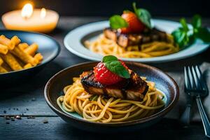 two plates of spaghetti with meat and strawberries. AI-Generated photo