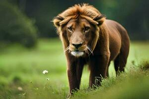 un león caminando mediante un campo con un flor. generado por ai foto