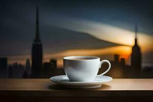 coffee cup on the table with cityscape in the background. AI-Generated photo