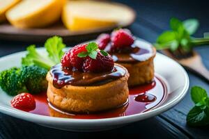 two small cakes with berries and sauce on a plate. AI-Generated photo
