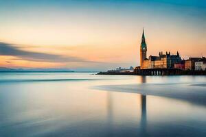 a long exposure photograph of a church tower in the distance. AI-Generated photo