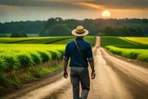 man walking on a dirt road in the middle of a field. AI-Generated photo