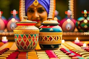 a woman in a turban is holding two colorful pots. AI-Generated photo