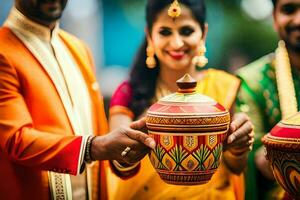 a couple in traditional indian attire holding a pot. AI-Generated photo