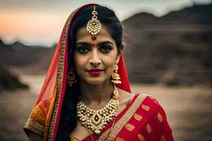 a beautiful indian woman wearing a red sari and jewelry. AI-Generated photo